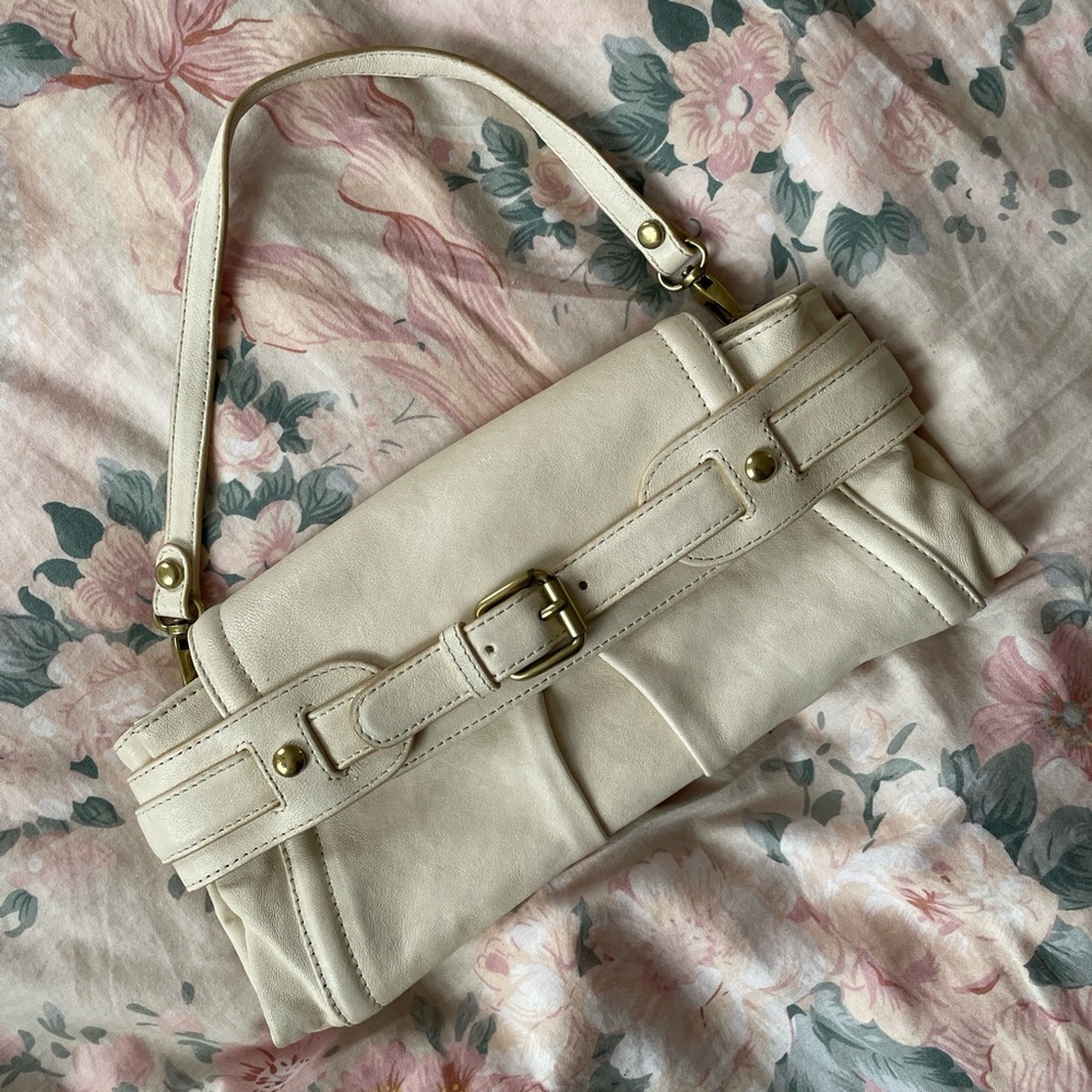 Cream Leather Clutch with Buckle Detail
